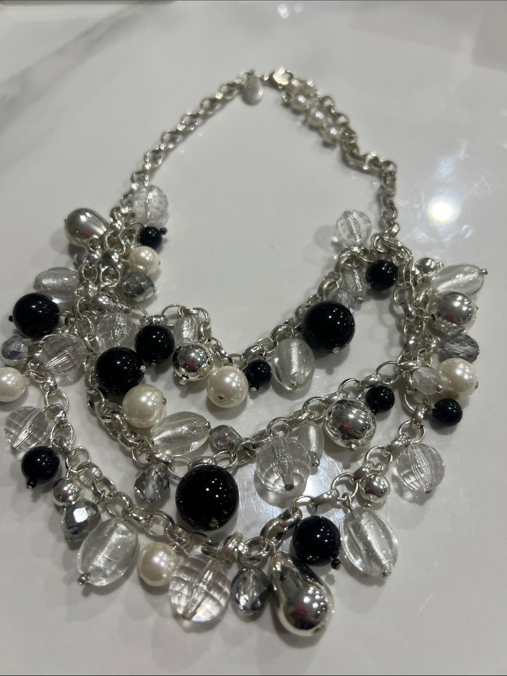 B#84-Vintage Elegant Black, White & Silver Multi-Bead Statement Necklace